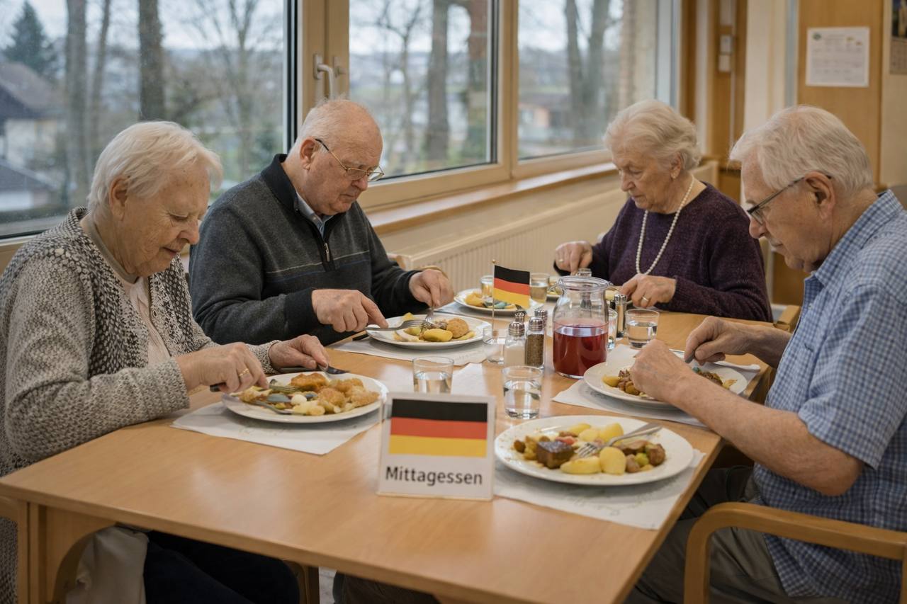 Senioren beim Mittagessen in der Tagespflege