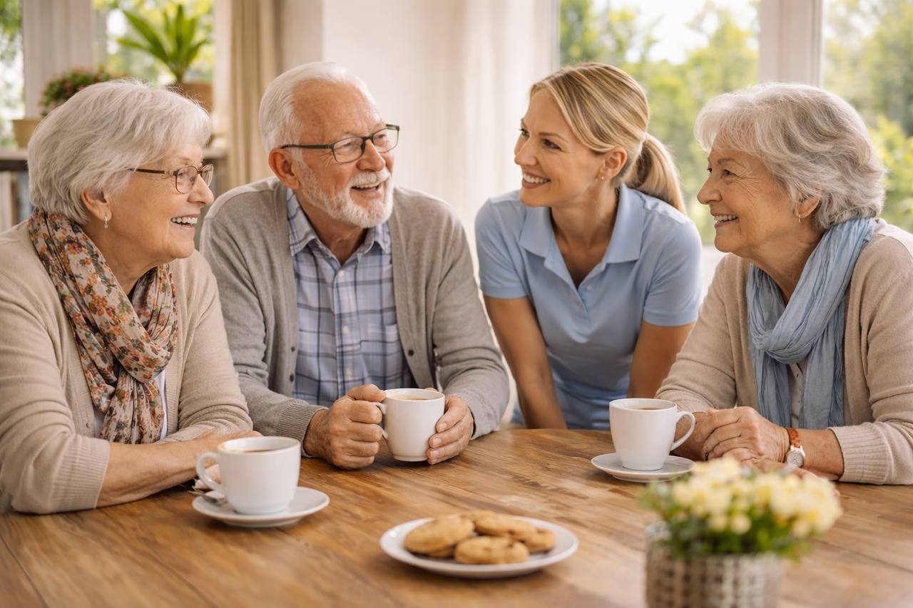 Senioren in der Tagespflege beim gemeinsamen Kaffeetrinken